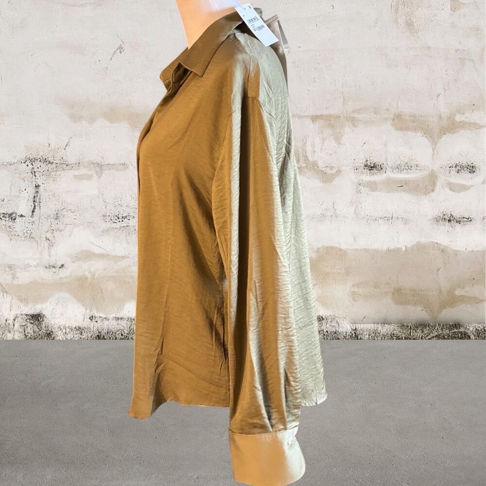 The Workshop Women’s Silky Satin Button Down Shirt in Olive Green Medium NWT - Picture 4 of 7